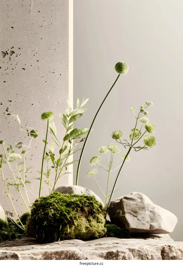 Minimalist Green Plants on Stone Background