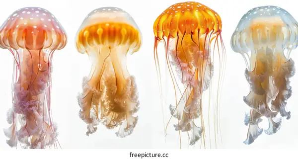 Four jellyfish of different colors
