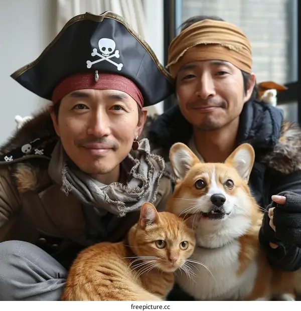 Two Asian men dressed as pirates with a cat and a dog