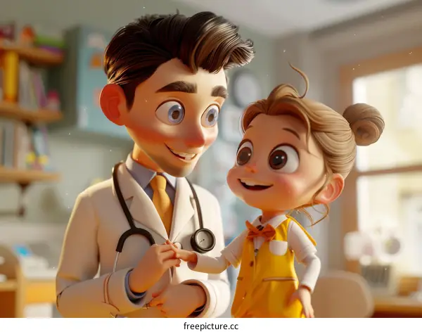 A cartoon doctor is holding a little girl's hand