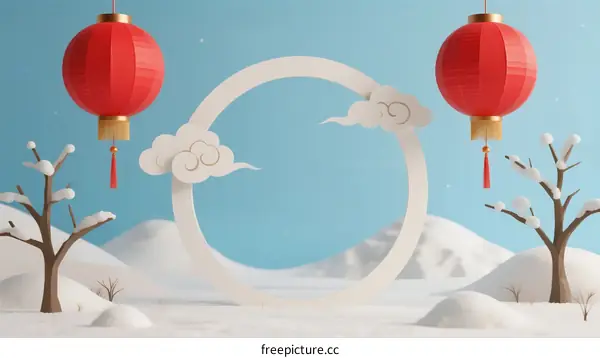 Winter Landscape with Red Lanterns and Cloud Decorations