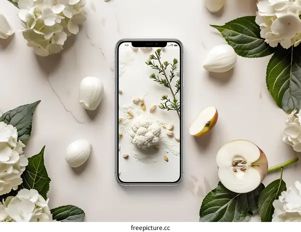 White Flowers and Apple Halves Surrounding a Smartphone with Cauliflower and Flour on the Screen