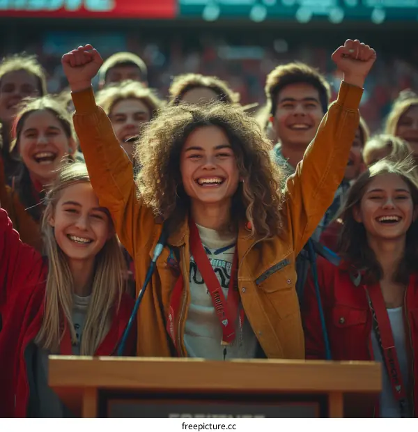 Group of diverse teenagers cheering at a sports event