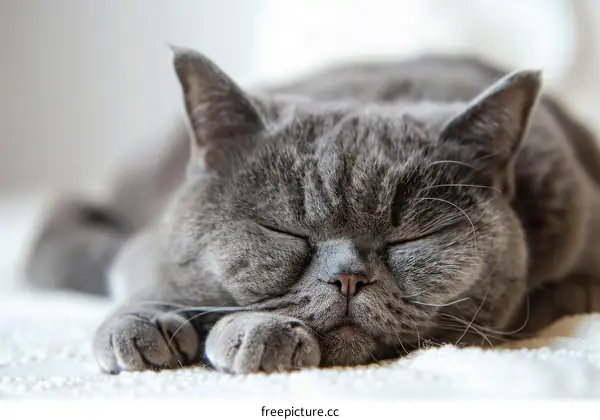 A gray cat is sleeping soundly on a white carpet