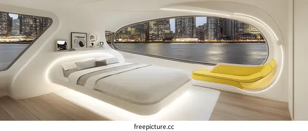 Modern Futuristic Bedroom Interior Design with Curved Walls and Large Window