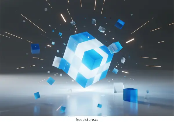 3D Rendering of Floating Blue Cubes with Explosive Particles