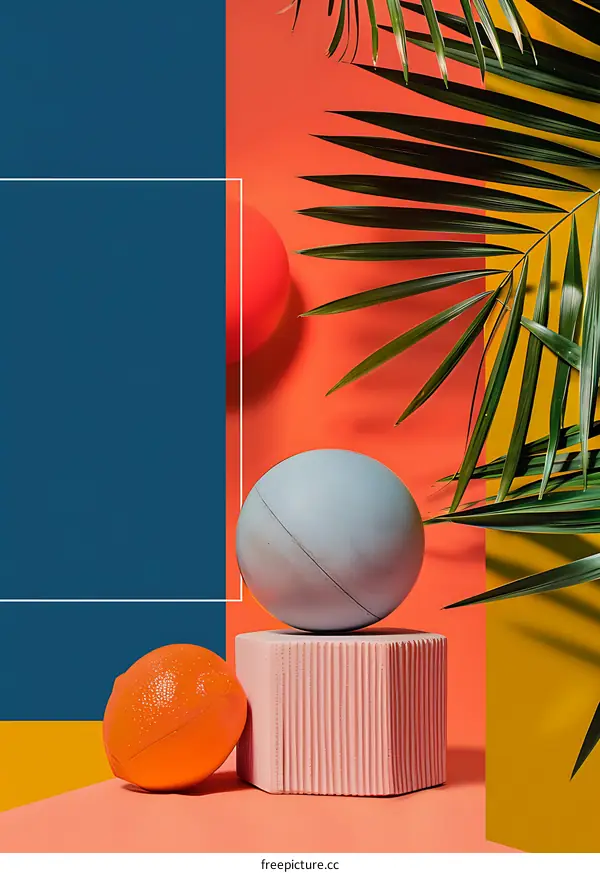 Colorful Balls on a Pink and Orange Background with Green Palm Leaves