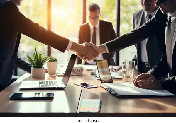 Businessmen in suits shaking hands over a conference table with paperwork and a laptop on it