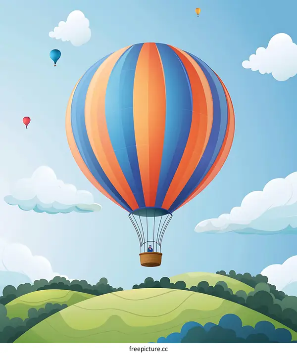 Hot Air Balloon Flying Over Green Hills With Clouds