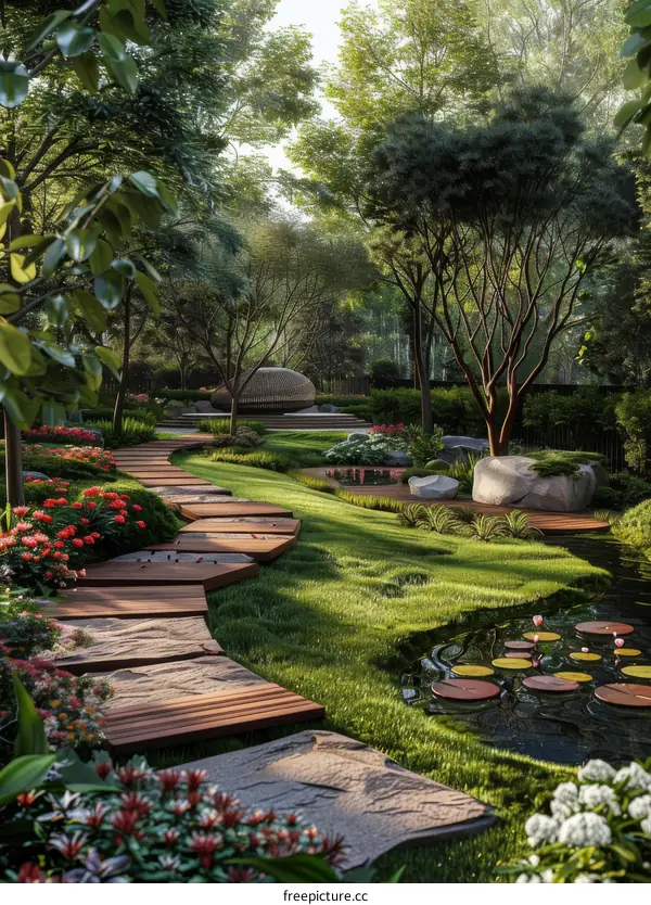 Serene Courtyard with Pond, Pavilion, and Winding Path