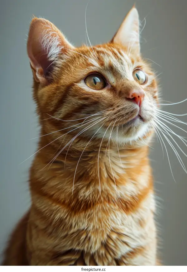 A ginger cat looking up