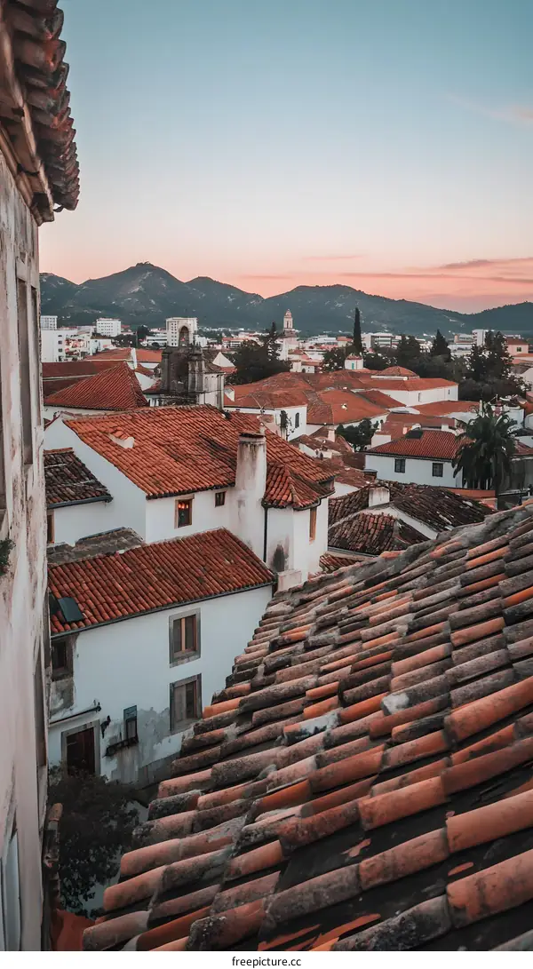 Sunset View of  Red Tile Rooftops in a European City