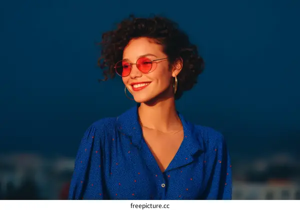 Woman in Blue Shirt with Pink Sunglasses Outdoor Portrait