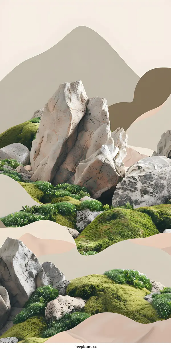 Abstract Minimalist Landscape With Moss And Rocks