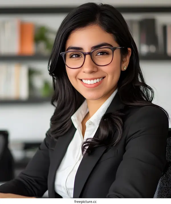 Portrait of a Smiling Hispanic Businesswoman in a Black Suit