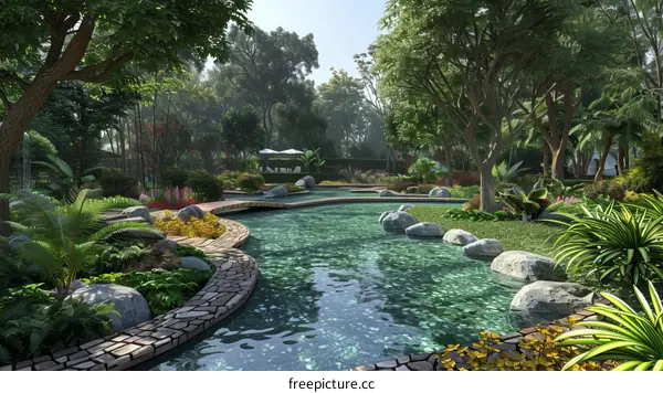 Winding River Flowing Through a Serene Lush Garden