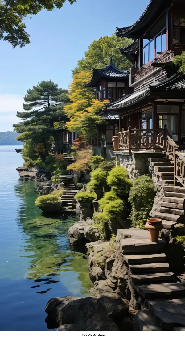 Oriental lake house with stone steps leading to the water