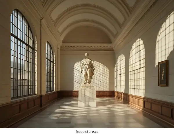 Sunlight Through Arched Windows In Museum Hallway With Marble Statue