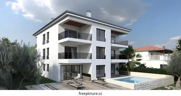 Modern White House with Swimming Pool and Green Plants