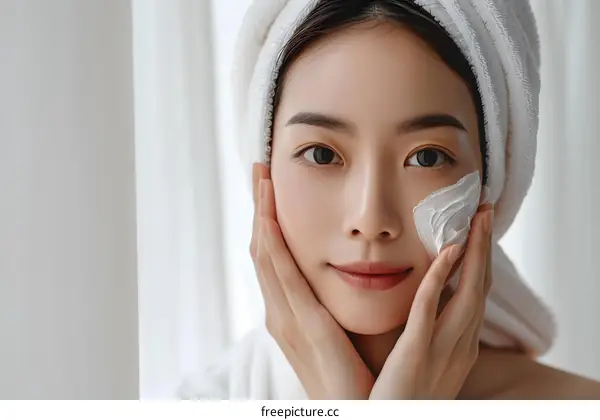 Asian Woman Applying Face Mask Skincare Routine Beauty