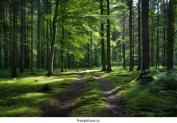 Sunlight Through The Trees In Forest