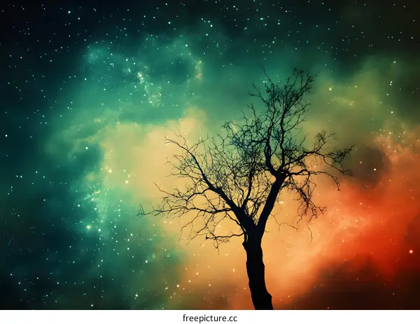 Night Sky with Stars and Bare Tree Silhouette