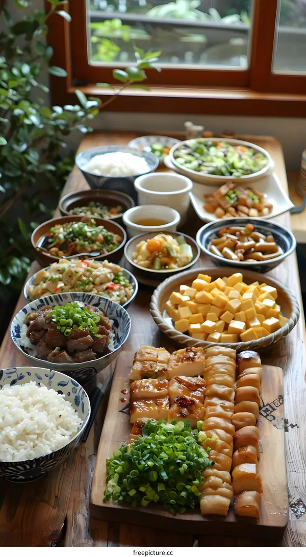 Japanese food spread on a table