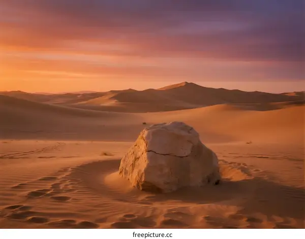 Dramatic Sunset Over Vast Desert Landscape with Isolated Stone
