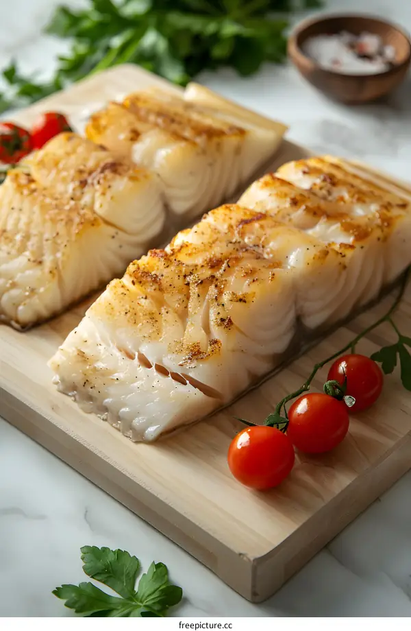Three pieces of cooked white fish fillets on a wooden cutting board with tomatoes and parsley