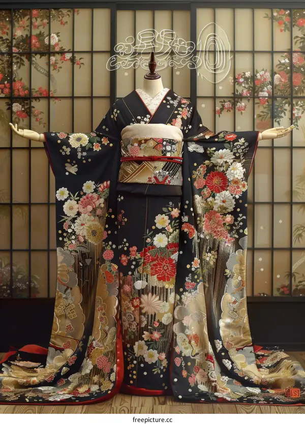 Japanese Geisha Dressed in Traditional Black and Gold Kimono