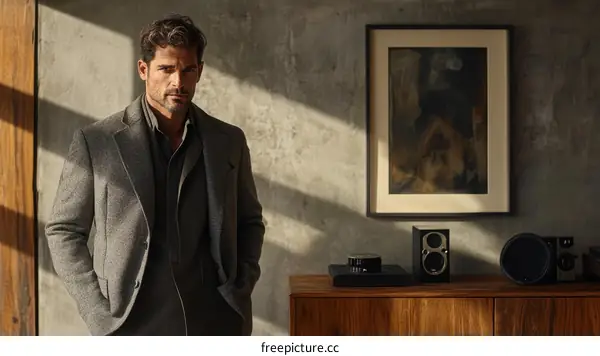 Stylish Man in Modern Interior with Artwork and Speakers