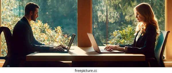 Business Professionals Working on Laptops at a Desk by Window