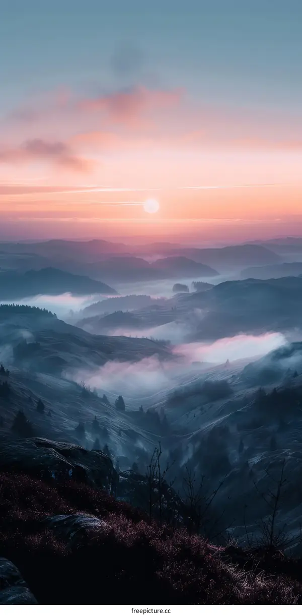 Misty Mountain Landscape at Sunset with Vibrant Sky
