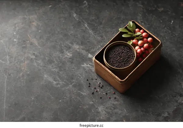 Dark Mustard Seeds and Berries in a Metal Box on a Dark Stone Surface