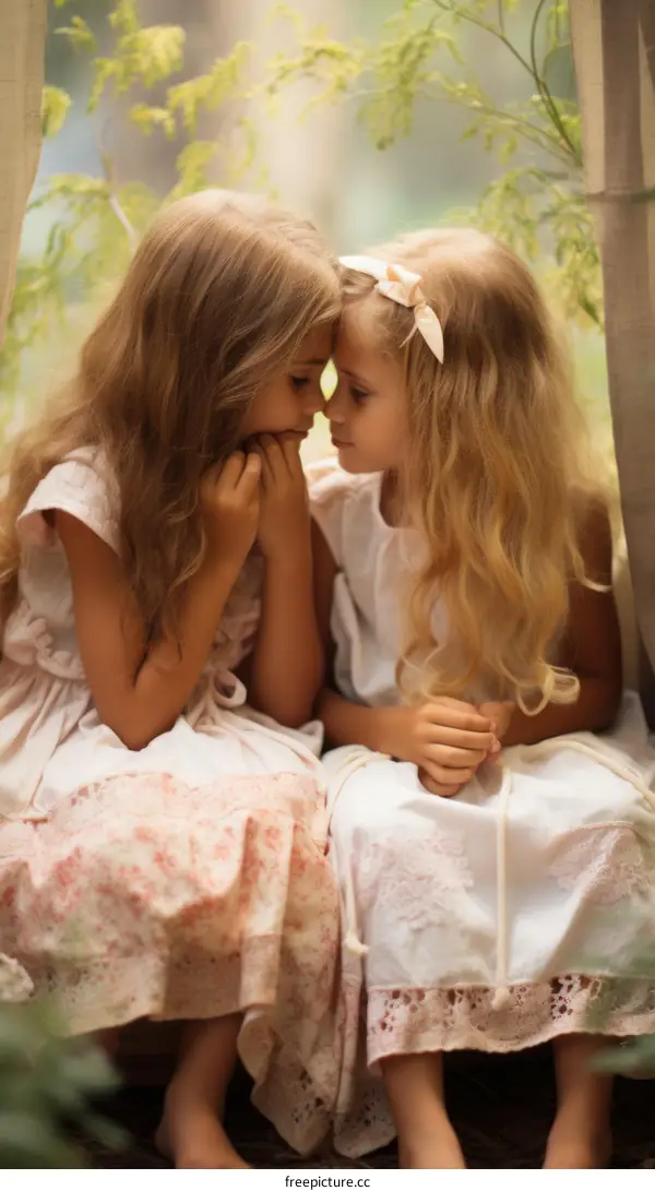 Two Little Blond Girls in White Dresses Sitting on Bed, Touching Foreheads