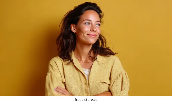 Smiling Woman in a Yellow Jacket against a Mustard Yellow Background