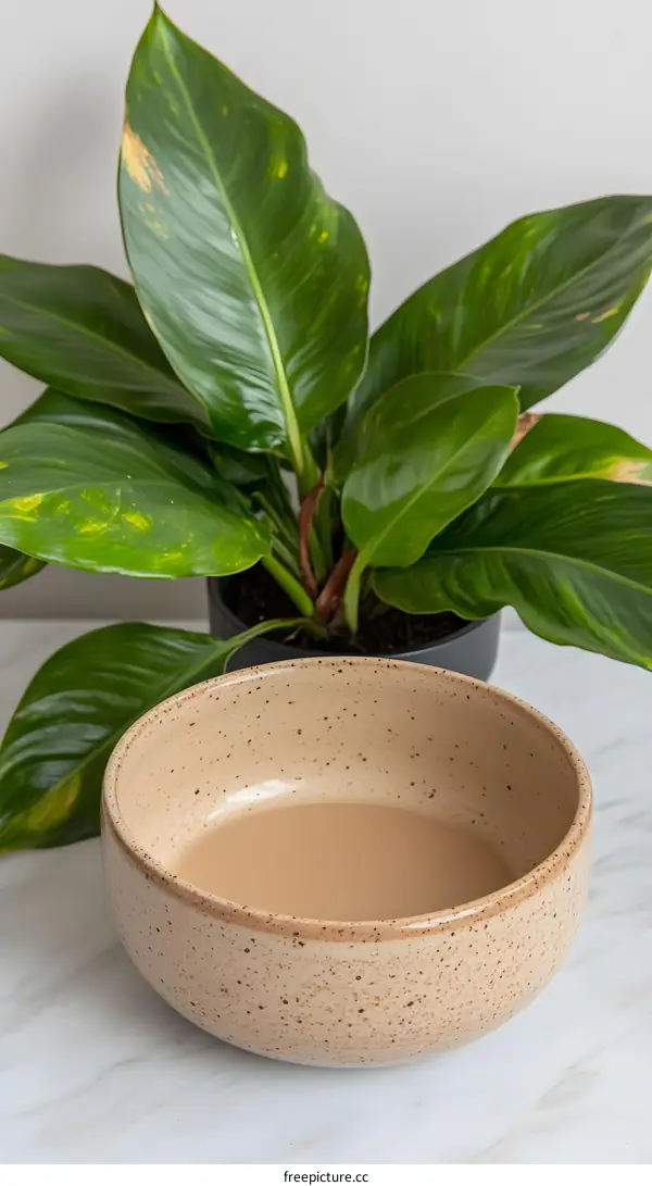 Close Up Of Tan Speckled Ceramic Bowl With Brown Liquid On White Marble Surface Next To A Green Plant