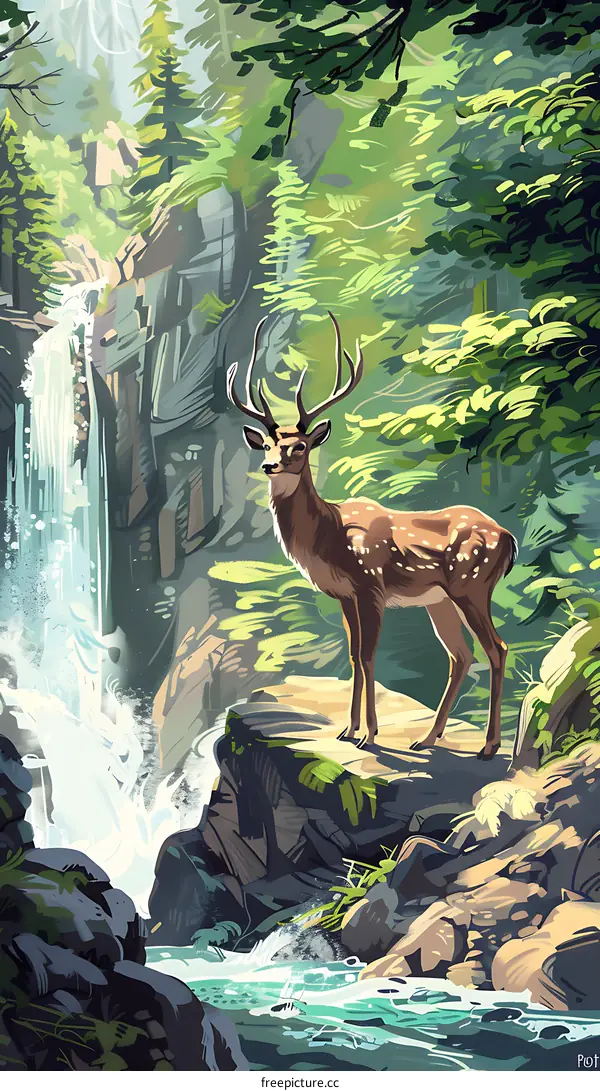 Deer Standing On A Rock Beside A Waterfall In A Lush Forest