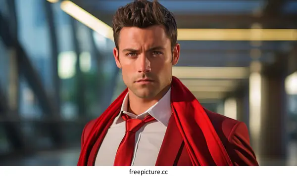 Confident Young Businessman in Red Scarf and White Shirt Standing in Modern City