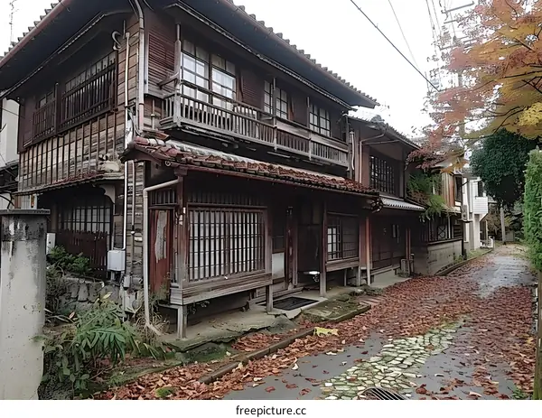 Traditional Japanese Wooden House in Autumn
