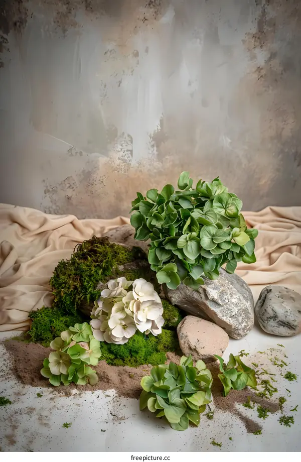 Green Hydrangea Flowers, Stones, Moss, Beige Fabric, and Rustic Background