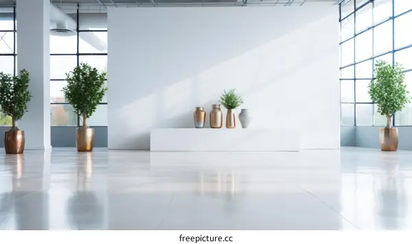 Large bright empty room with white walls and shiny tiled floor