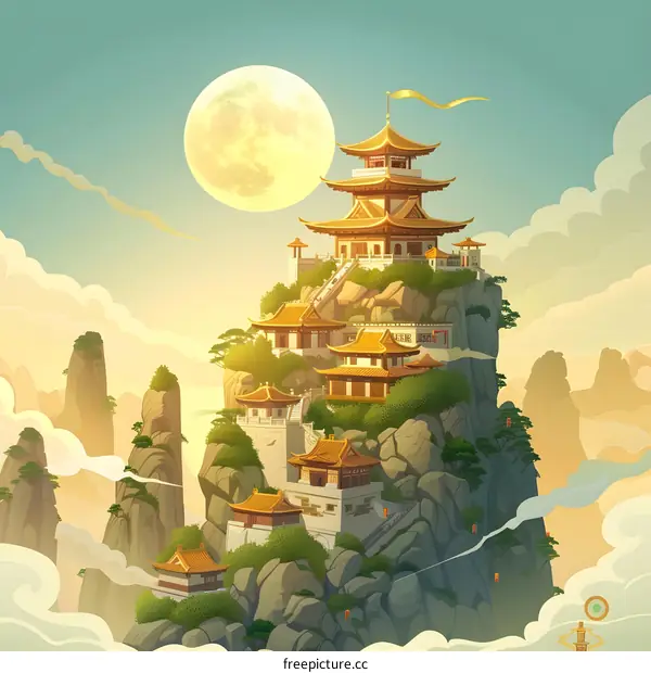 Chinese Temple Mountain Landscape Illustration