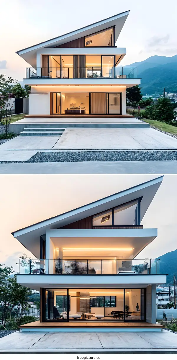 Modern Two Story House With Triangular Roof And Glass Walls