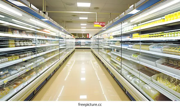 Empty Supermarket Aisle with Refrigerated Shelving