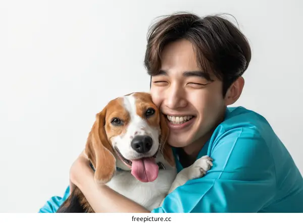 A young Asian man hugging a beagle dog while smiling