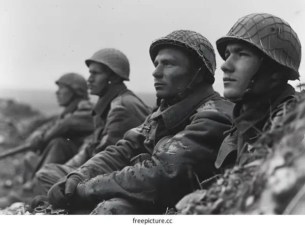 Four soldiers in a trench during World War II