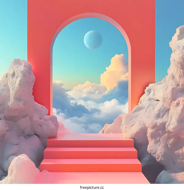 Archway to Clouds and Moon with Pink Steps