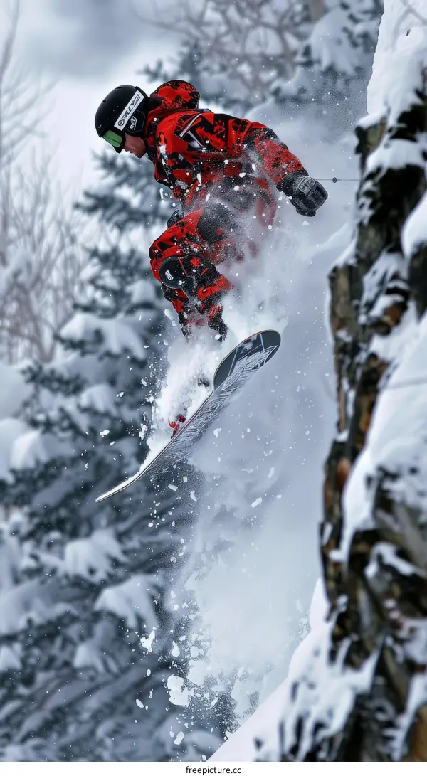 Male snowboarder jumping off a cliff