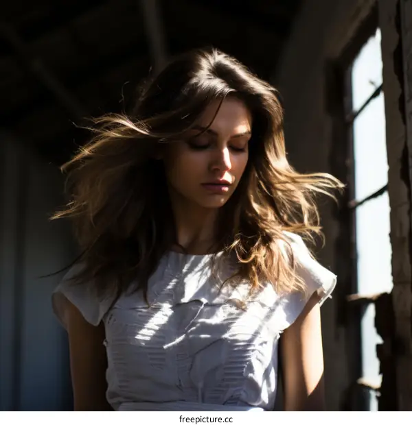 Portrait of a young woman with long brown hair wearing a white dress standing in front of a window